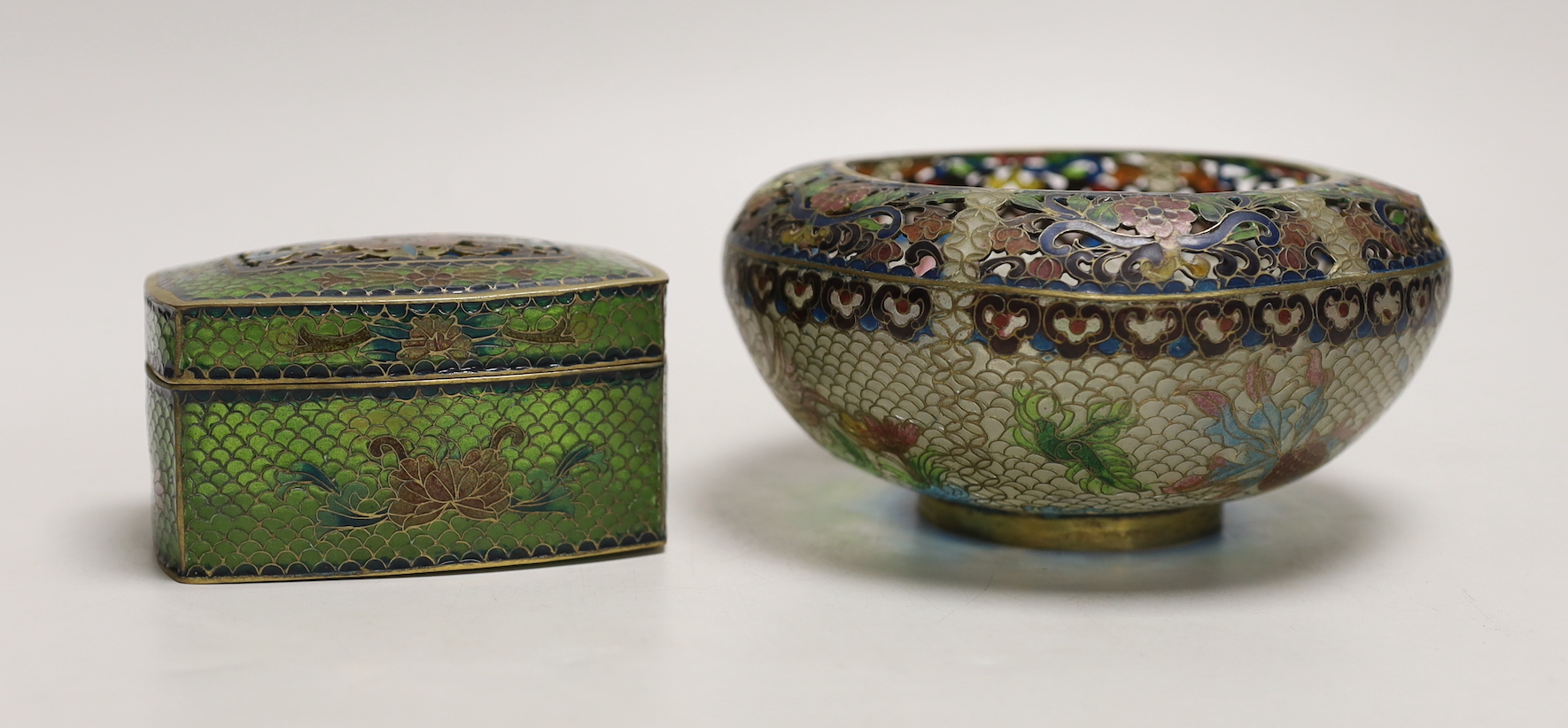 A Chinese plique à jour enamel bowl, 7cm tall, and a similar box and cover